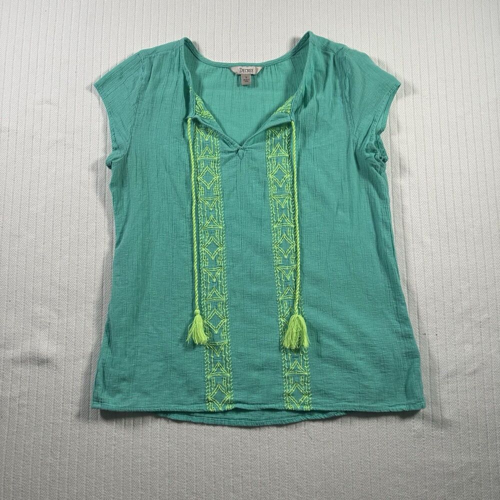 Decree Womens Small Boho Peasant Top Aqua Embroidered Tassel Gauze Blouse